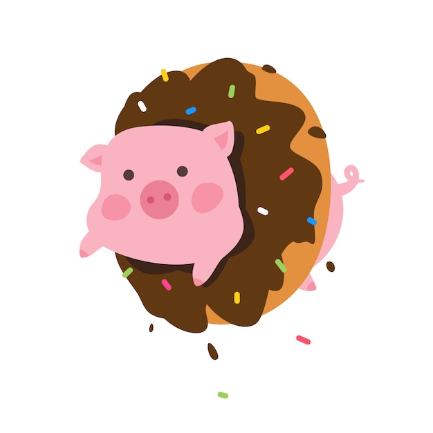 Illustratie van een beeldverhaalvarken in een doughnut.