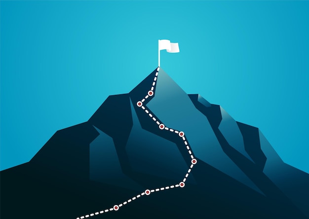 Vector illustratie van een berg met grafisch wit pad. beschrijven zakenreis, planning en doel.