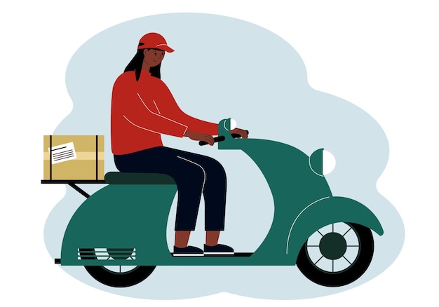 Illustratie van een bezorger van een vrouw die op een scooter rijdt met een doos