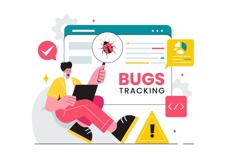 Vector illustratie van een bug tracking tool met mobiele telefoon bescherming tegen computer virussen in een website beveiliging platte cartoon achtergrond