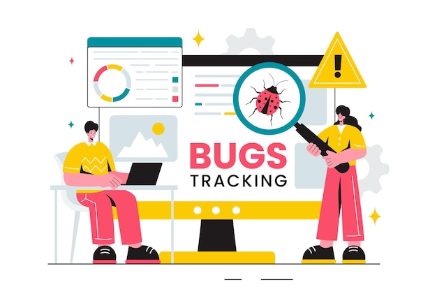 Illustratie van een bug tracking tool met mobiele telefoon bescherming tegen computer virussen in een website beveiliging platte cartoon achtergrond