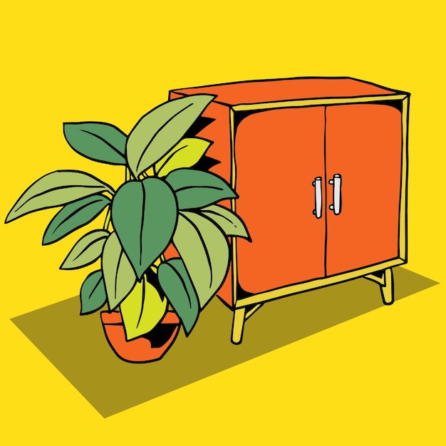 illustratie van een bureau met een plant ernaast voor posters en sjablonen005