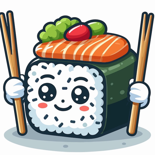 Vector illustratie van een cartoon sushi personage mascotte met eetstokjes