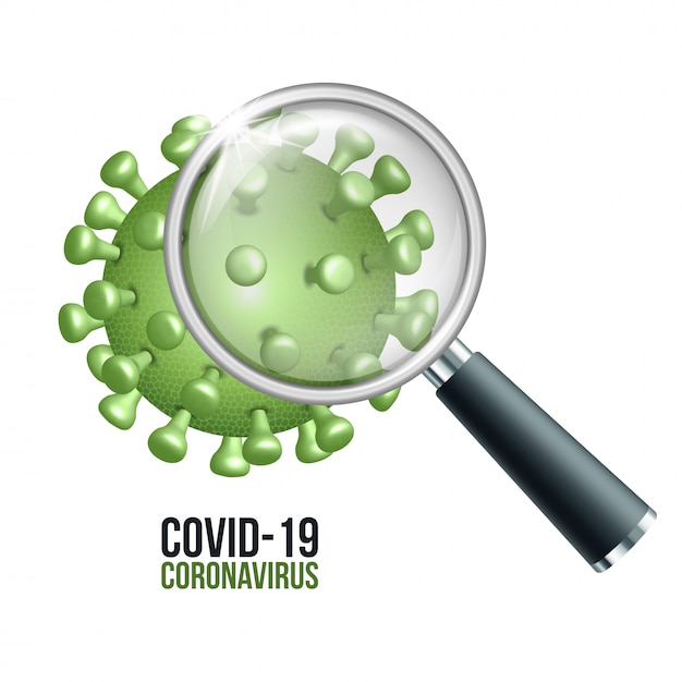 Illustratie van een coronavirus gezien met een vergrootglas