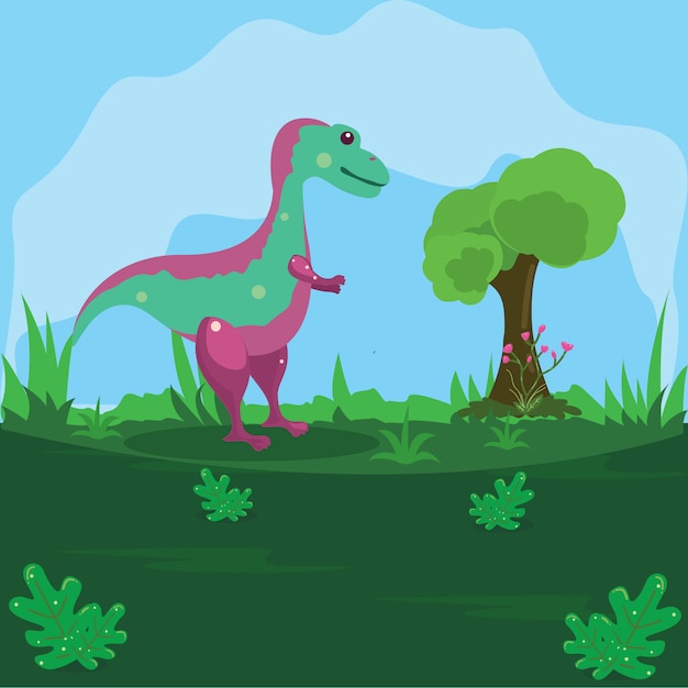 Illustratie van een dinosaurus op een groen land met een blauwe hemelachtergrond