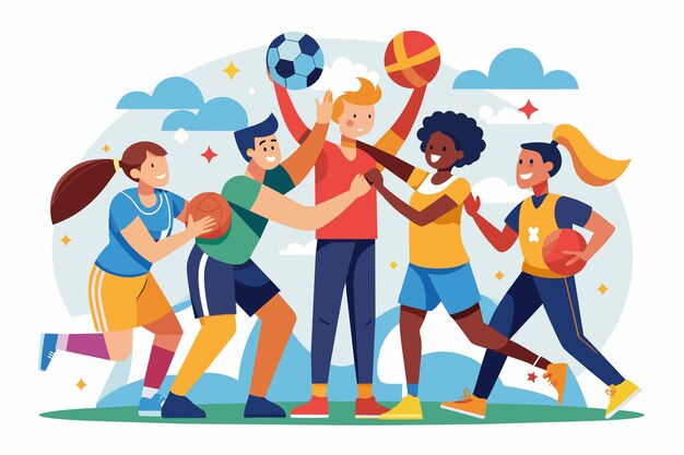 Vector illustratie van een diverse groep van vijf jonge volwassenen in voetbalkleding die glimlachen en samen poseren met een voetbal omringd door decoratieve sterren en bladeren