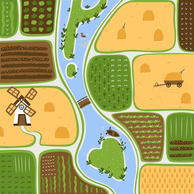 Vector illustratie van een dorp in een vlakke stijl die een molen oogst, staat op het platteland van een veld