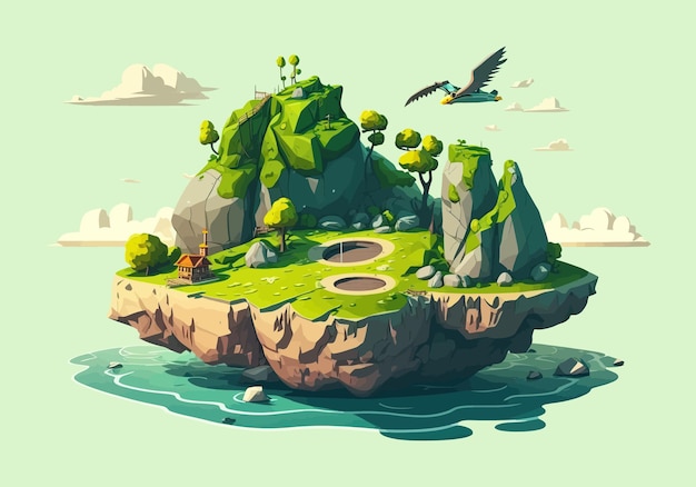 Illustratie van een eiland drijvend in de lucht vogels omringd door water Generatieve AI overleving creativiteit plat jungle ontwerp land in de oceaan vakantie creatief concept vector illustratie