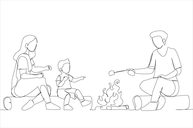 Illustratie van een familie die samen bij het kampvuur zit en een lied zingt dat gitaar speelt marshmallows in brand