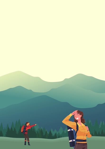 Illustratie van een gelukkig echtpaar op een avontuur in het bos en de bergen