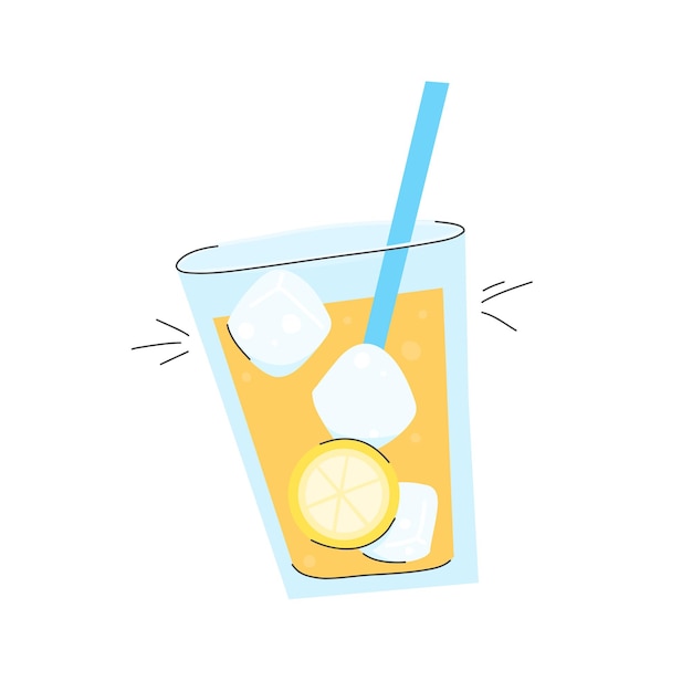 Vector illustratie van een glas limonade met ijsblokjes, schijfjes citroen en stro