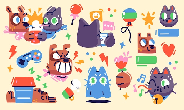 Illustratie van een grappige kattenhond in verschillende situaties Set stickers, badges, patches Vector