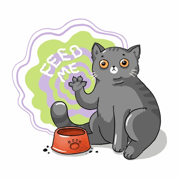 Illustratie van een grijze kat die hypnotiseert vraagt om voedsel