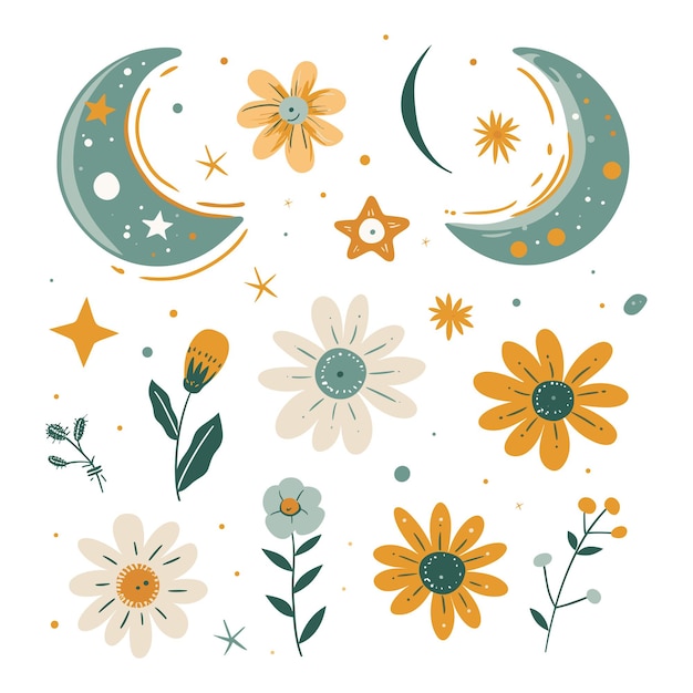 Illustratie van een grillige bloemen- en maancollectie in een speels pastelkleurschema