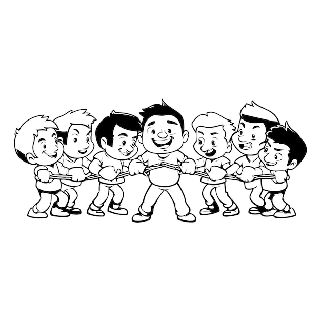 Vector illustratie van een groep kinderen die op een witte achtergrond touwtrekken spelen