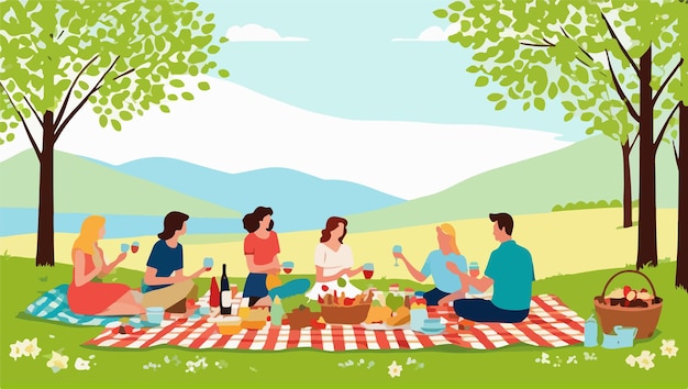 Illustratie van een groep mensen die een picknick hebben