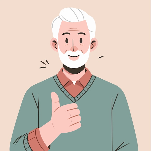 Illustratie van een grootvader die een duim omhoog geeft in een platte ontwerpstijl
