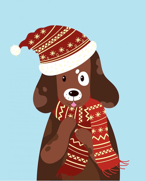 Illustratie van een hond in een hoed en sjaal. gestileerde gelukkige hond in de winter.