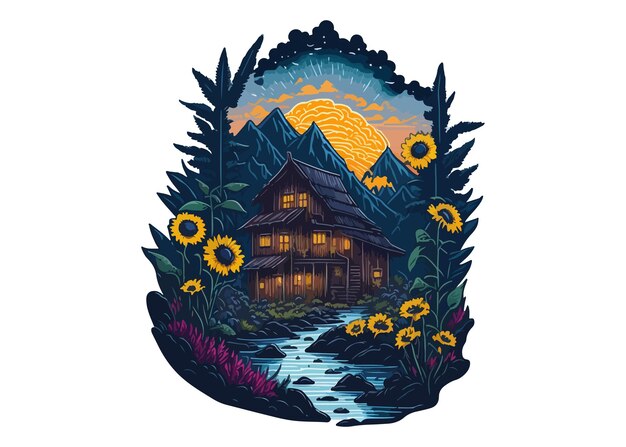 Vector illustratie van een hut in de bergen met zonnebloemen op de bodem.