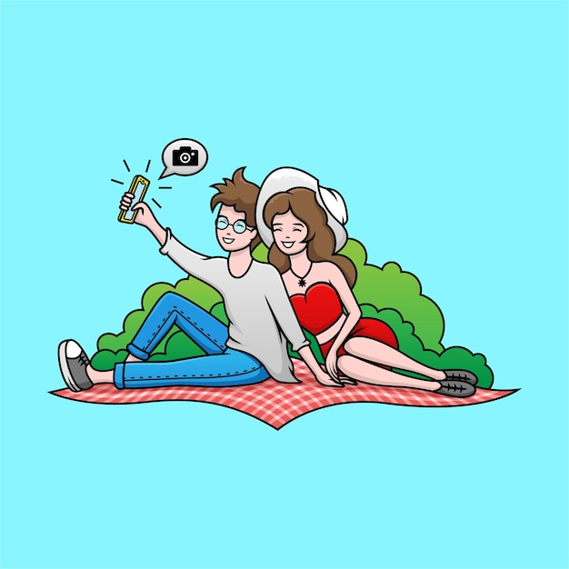 Illustratie van een jong echtpaar dat een selfie maakt op een picknick Vector cartoon