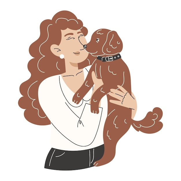 Illustratie van een jong meisje die haar chocolade American Water Spaniel knuffelt voor de Nationale Hondendag