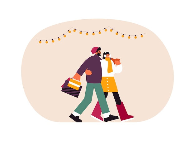 illustratie van een jonge man en vrouw met papieren zakken knuffelen en wandelen samen na kerstinkopen op weekenddag