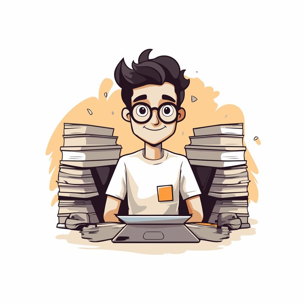 Illustratie van een jonge man met een laptop en stapels boeken