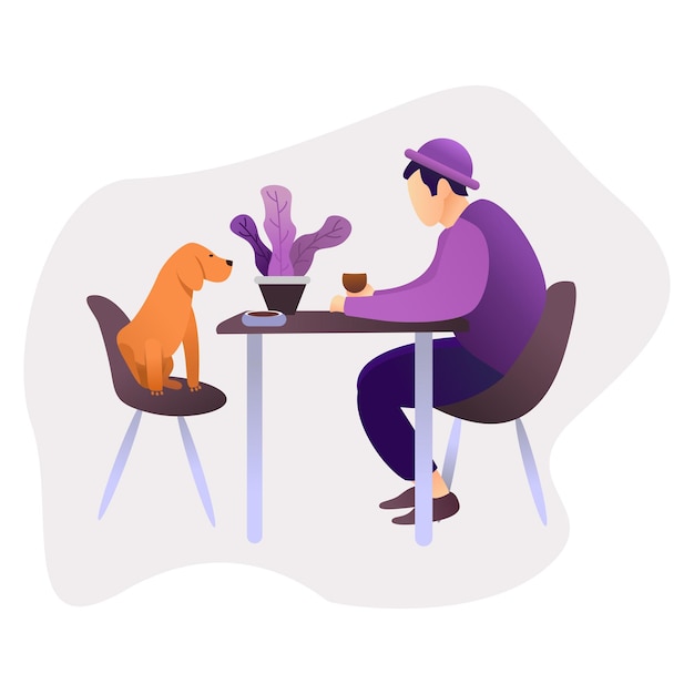 Illustratie van een jonge man met zijn hond aan het ontspannen