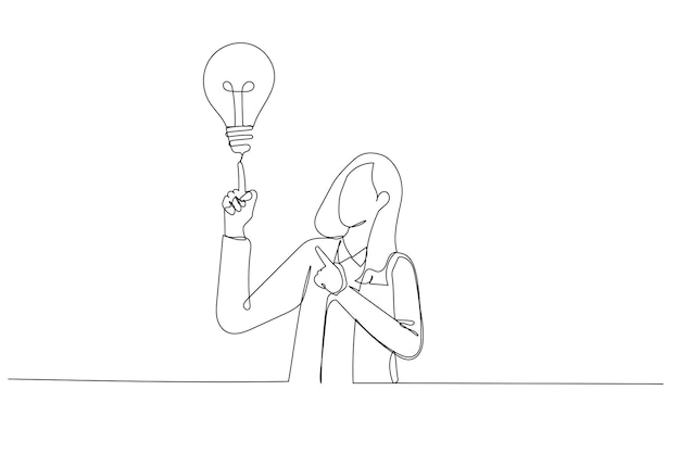 Illustratie van een jonge zakenman die met de wijsvinger naar een geweldig idee wijst Kunststijl met één lijn