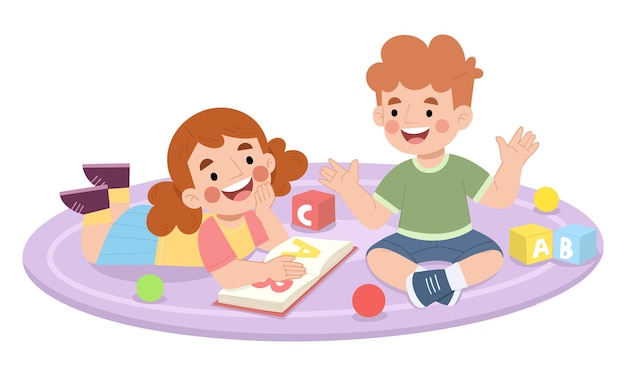 Illustratie van een jongen en een meisje die samen studeren