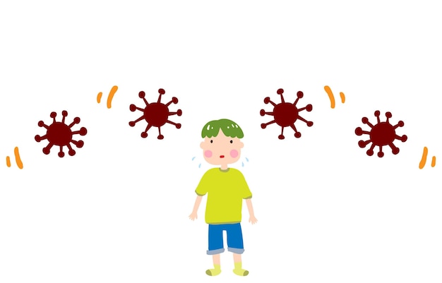 Illustratie van een jongen omringd door coronavirus