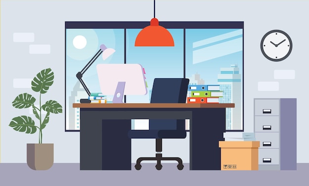 Illustratie van een kantoorruimte met tafels, planken en computers.