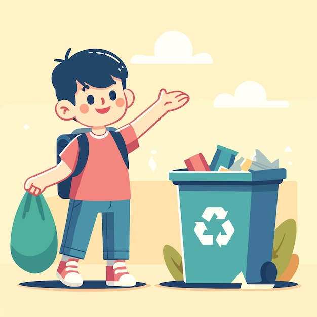 illustratie van een kind dat vuilnis in een vuilnisbak gooit in een platte ontwerpstijl
