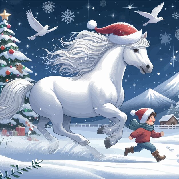 Illustratie van een kind in een kersthoed dat met een wit paard in de sneeuw rent