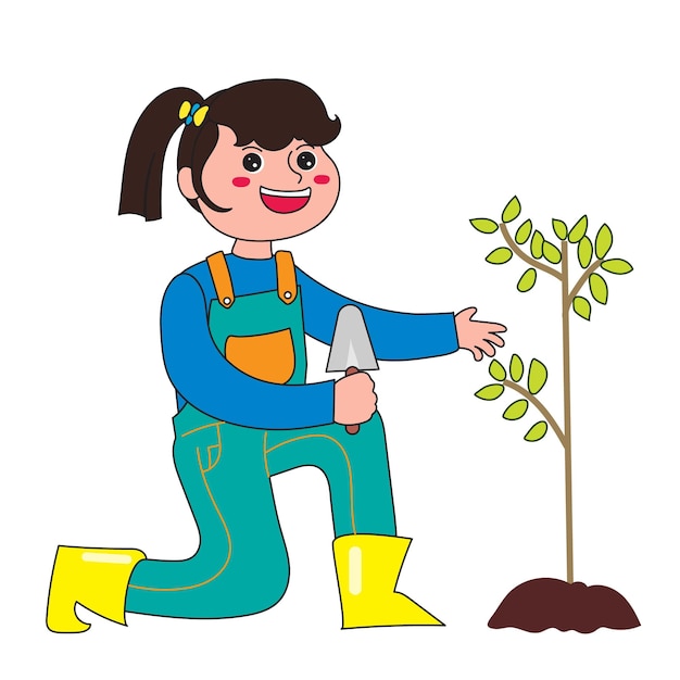 illustratie van een klein meisje dat een boom plant