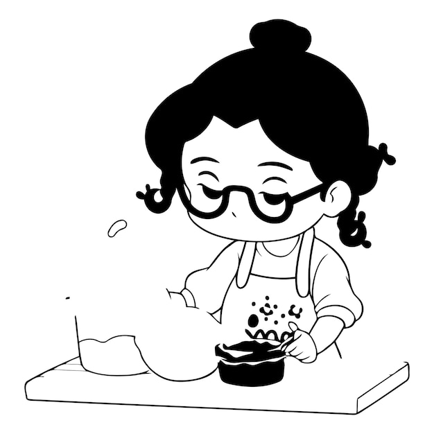 Illustratie van een klein meisje dat met haar schaal in de keuken kookt