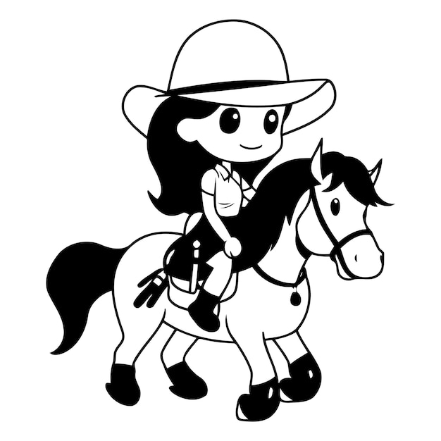 Illustratie van een klein meisje met een cowboyhoed en op een paard