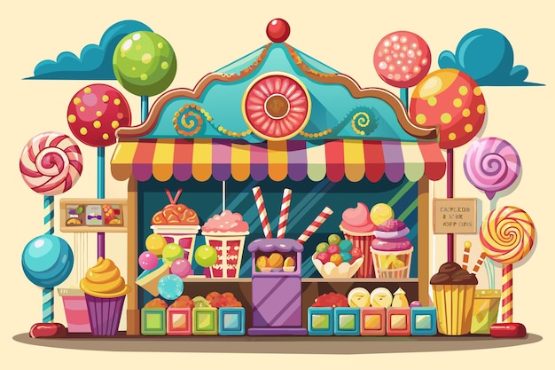 Vector illustratie van een kleurrijke snoepkiosk met een gestreepte luifel met verschillende snoepjes zoals lolly's, cupcakes en snoeppotten
