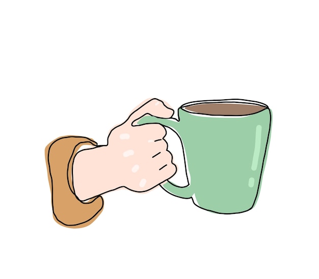 Illustratie van een kopje koffie in de hand Eenvoudige handgetekende illustratie in lijnkunststijl Enkele lijntekening