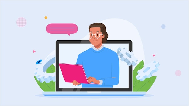 Illustratie van een man die aan een laptop werkt met tandwielen en bladeren op de achtergrond