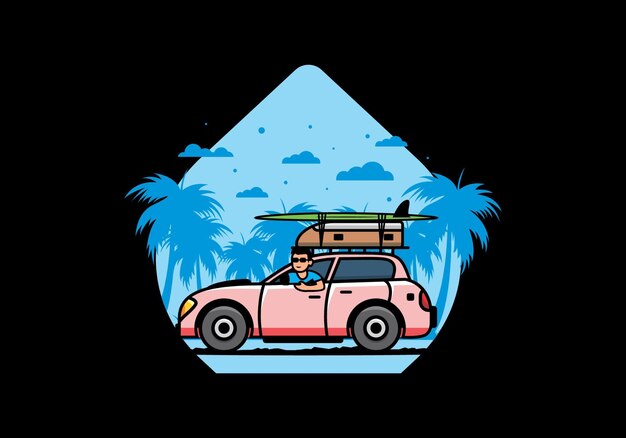 Illustratie van een man die een auto berijdt voor vakantie