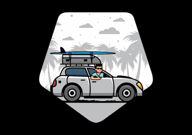 Illustratie van een man die een auto berijdt voor vakantie