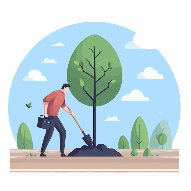 Vector illustratie van een man die een boom plant in een eenvoudige platte ontwerpstijl