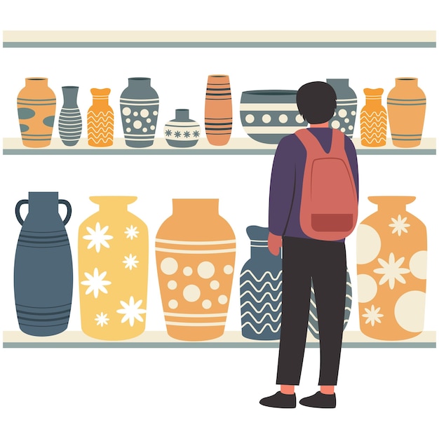 Illustratie van een man die naar keramische ambachten kijkt