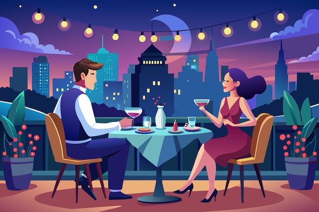 Illustratie van een man en een vrouw die's nachts aan een buitentafel dineren met een skyline van de stad en een volle maan op de achtergrond. Ze zitten onder strijkverlichting met wijn op de tafel.