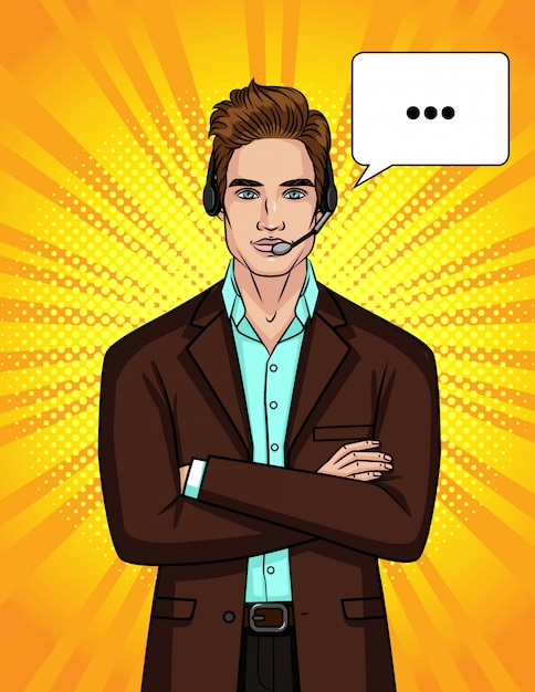 Illustratie van een man in een pak en koptelefoon leidt een online gesprek.
