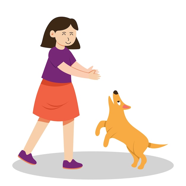 Illustratie van een meisje dat met haar hond speelt