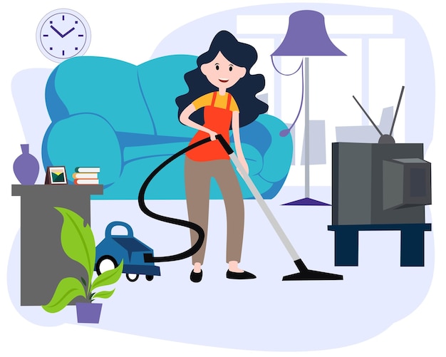 illustratie van een moeder die het huis schoonmaakt met behulp van een stofzuiger huis schoonmaak concept