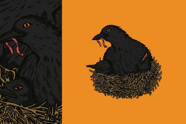 Illustratie van een moederkraai die haar twee welpen voedt in een nest op een oranje achtergrond