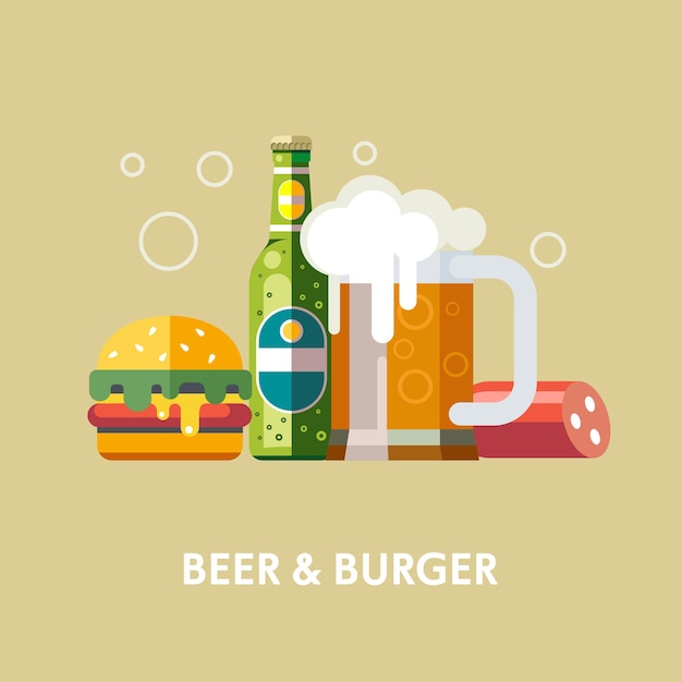 Illustratie van een mok en een flesje bier, een hamburger en een worst.